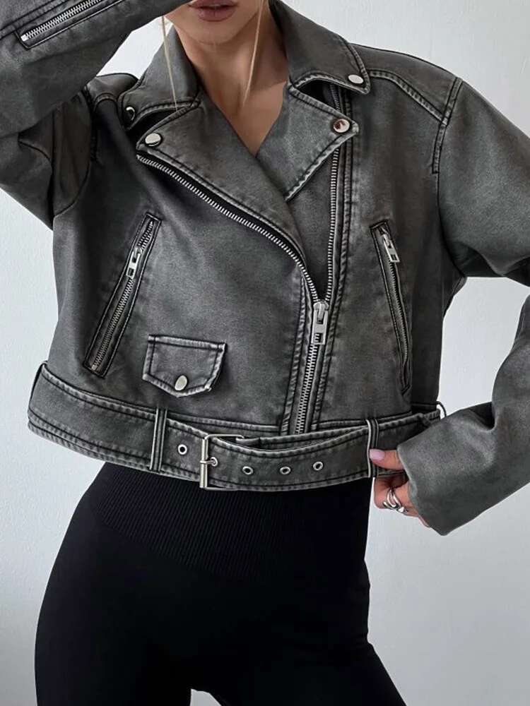 Aigo Streetwear Women Retro Loose Zipper Pu Faux Leather Short Jacket Vintage Female Belt Moto Biker Chic Coat Outwear Tops