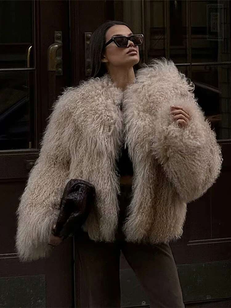 Faux Fur Effect Short Coat Jacket Khaki French Socialite Loose Furry Overcoat Elegant Slimming Outwear Women's Clothing Winter