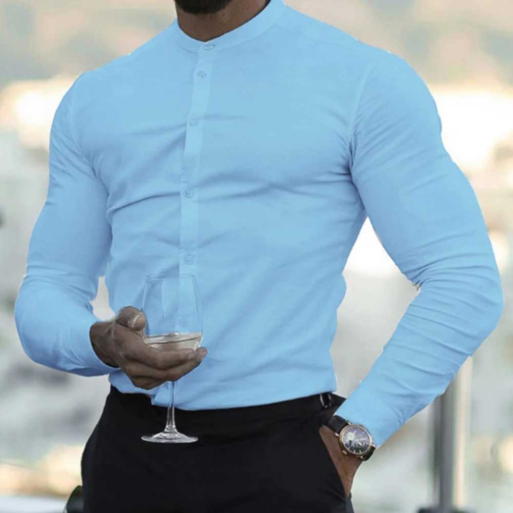 New Men Fashion Social Business Dress Shirt Solid Slim Fit Stretch Long Sleeve Casual Button Down Blouse Men Fitness Sports Top W250118