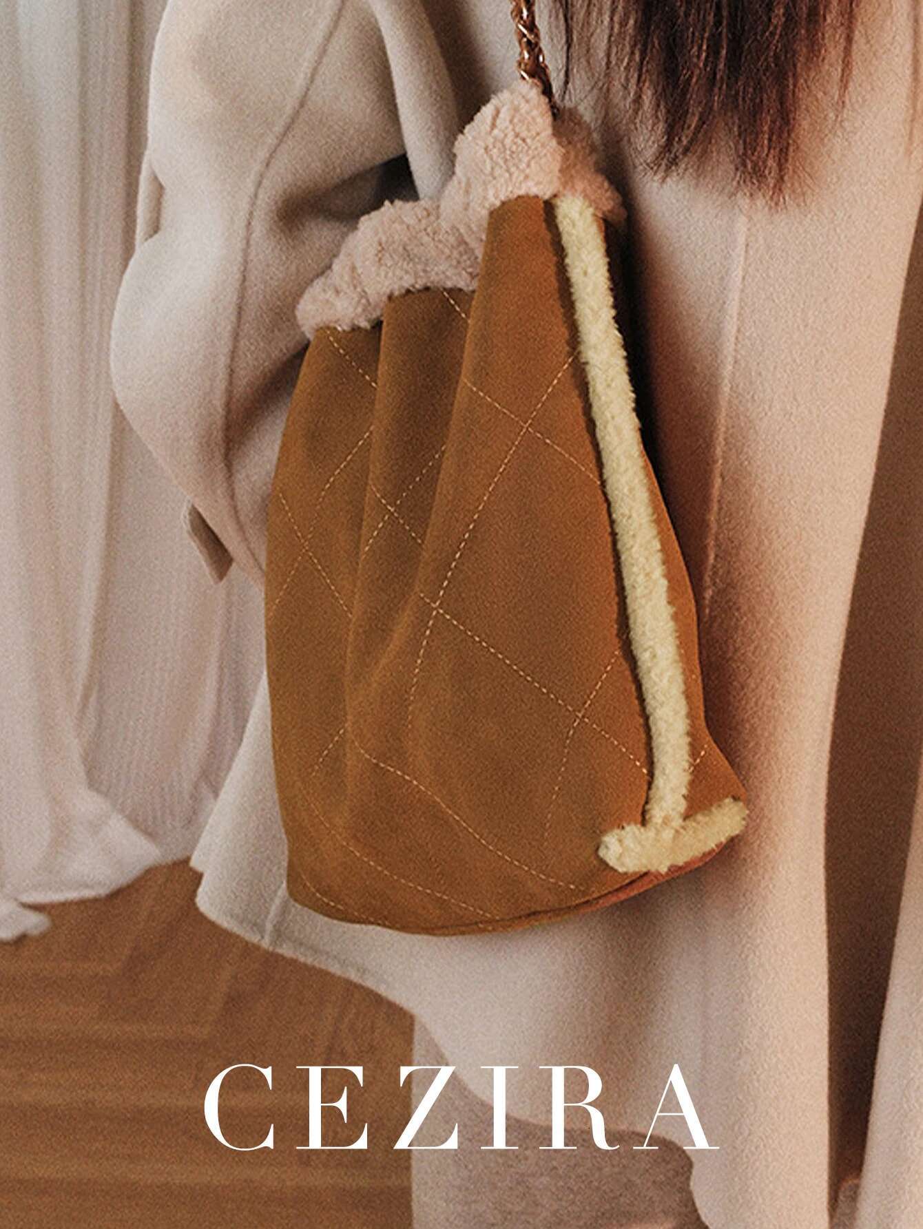 Winter Women's Fashion Large Casual Shoulder Bag Faux Plush Quilted Argyle Thread Chain Strap Handbag Commuting Travel