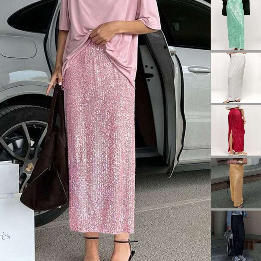 women's hot selg solid color sequin back slit fashionable casual skirt 2025 new style chic and elegant clothing
