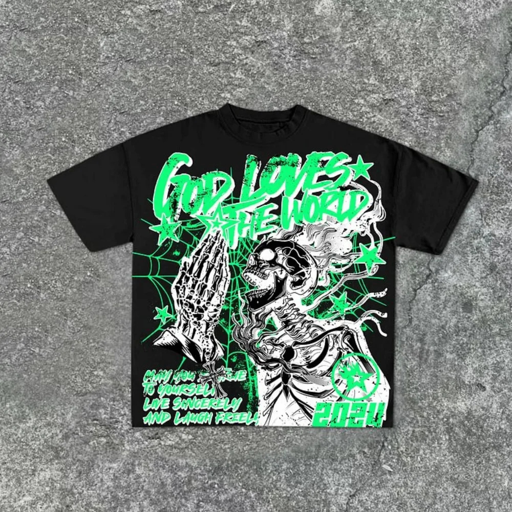 Casual Short Sleeve God Loves The World Graphics 100% Cotton T-Shirt Men Y2K Short Sleeves Oversize Tshirt Streetwear Women Tops 250117