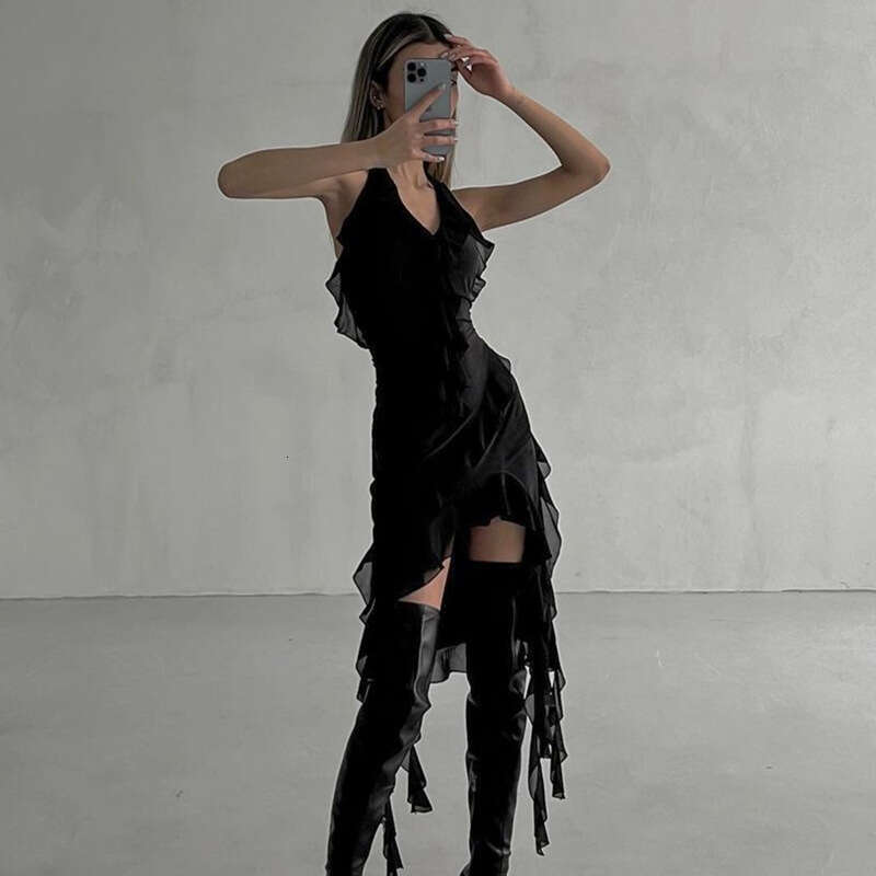 2025 European and American Spring Sexy Pure Desire Wind Deep V Neck Hanging Ruffle Irregular Slimming Dress Temperament Versatile New Trendy Clothing 