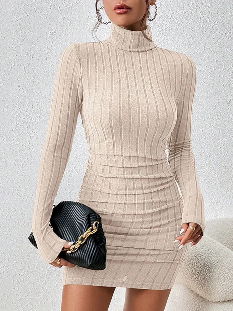 Autumn Winter Womens Fashion High Neck Ribbed Dress Solid Color Casual Long Sleeve Tight Mini Clothing 250109