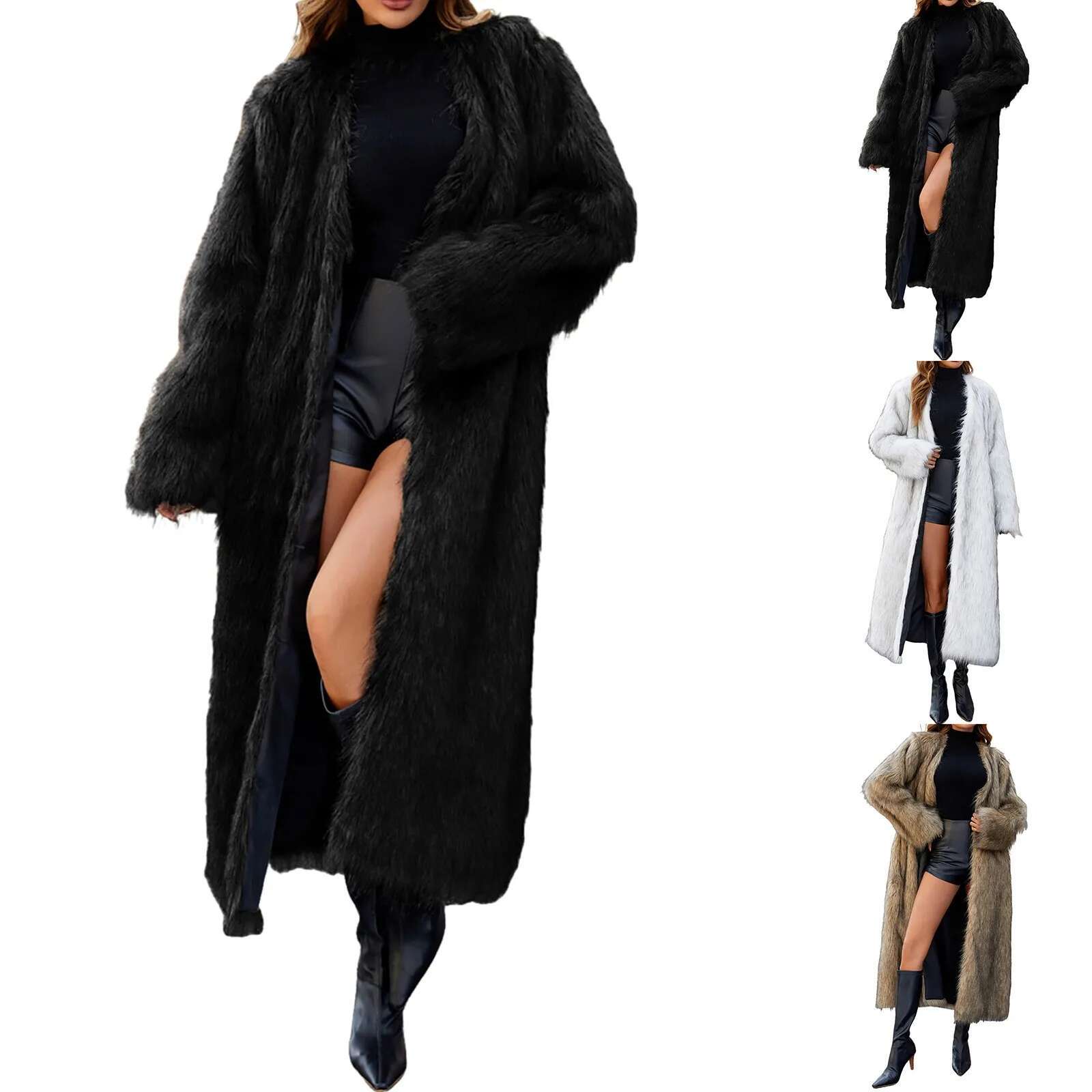Women Faux Fur Coats Full Sleeve Open Long Jackets V Neck Splice Thick Coat Elegant Lady Streetwear Winter 2024