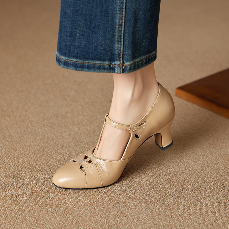 Women Dress Shoes Fashion High Heel Pointed Toe Retro Style Versatile Triple Beige Apricot Free shipping