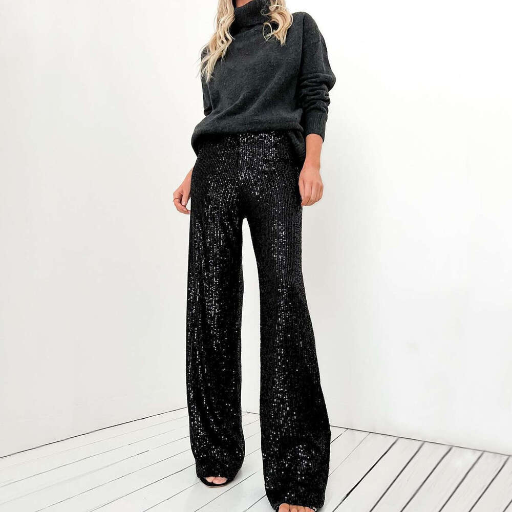 European and American women's hot selg solid color sequins fashionable casual straight leg pants 2025 temperament versatile new trend clothing in