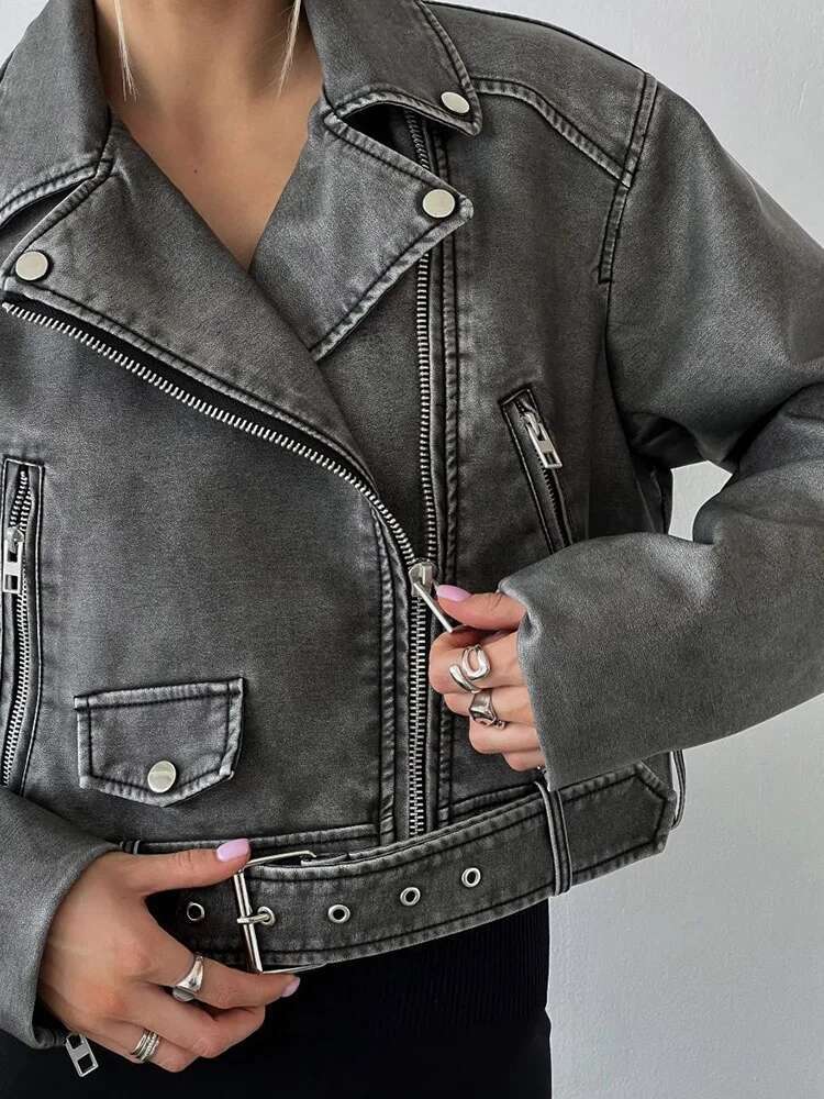 Aigo Streetwear Women Retro Loose Zipper Pu Faux Leather Short Jacket Vintage Female Belt Moto Biker Chic Coat Outwear Tops