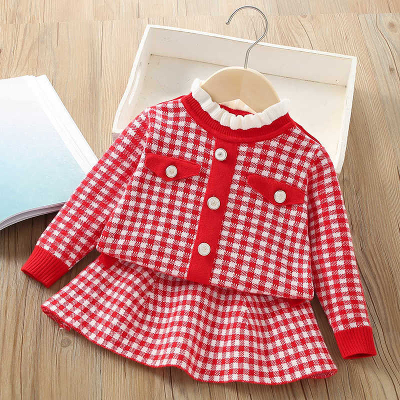 Girl's Dresses Girls' Sweater Set Autumn/Winter New Style Baby Girl's Checkered Small Fragrant Knitted Two Piece Skirt