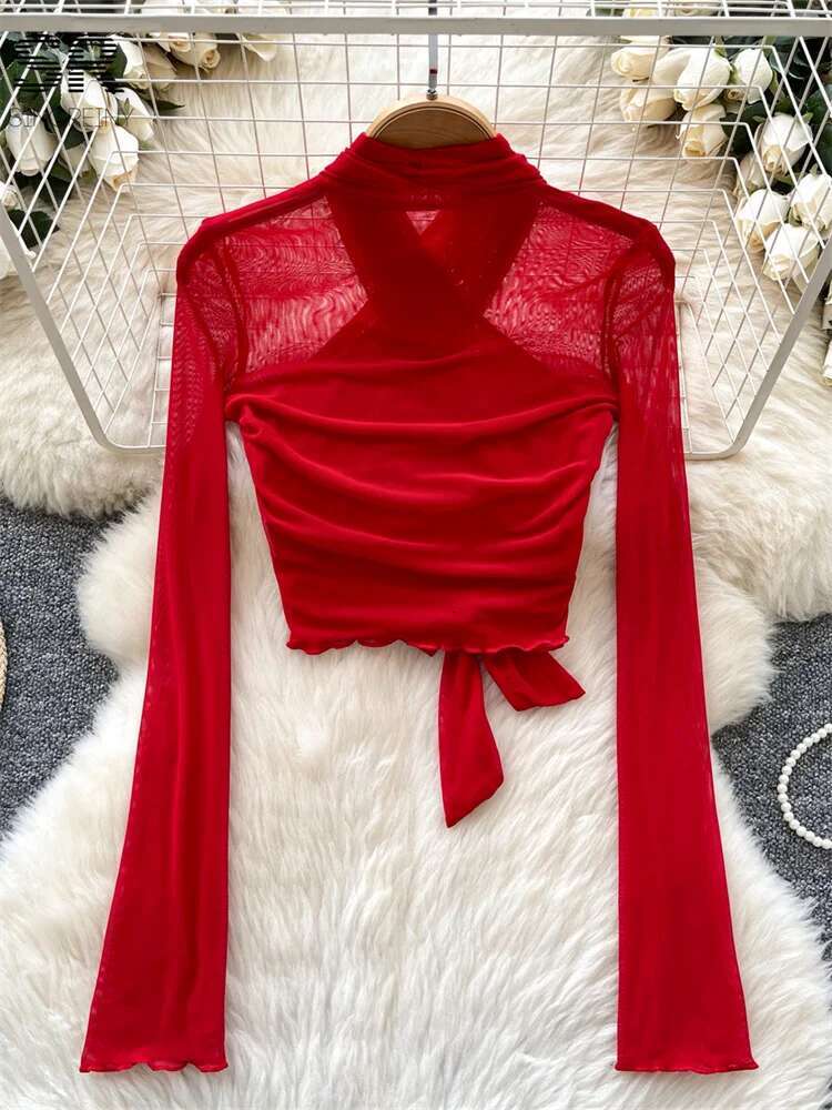 Sexy Bow Design Tops Long Sleeve Halter Shirt Streetwear 2025 Spring Newest Solid Mesh Criss-Cross Sheer Basics Blouse