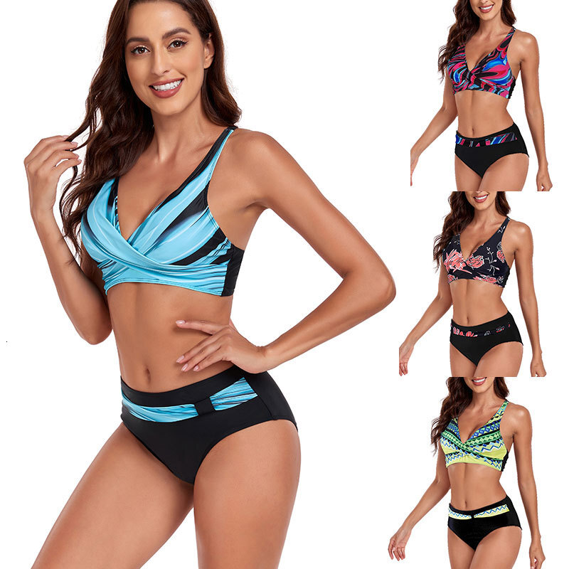 Swimwear new print gradient sexy split two-piece set with cross strap bikini for women