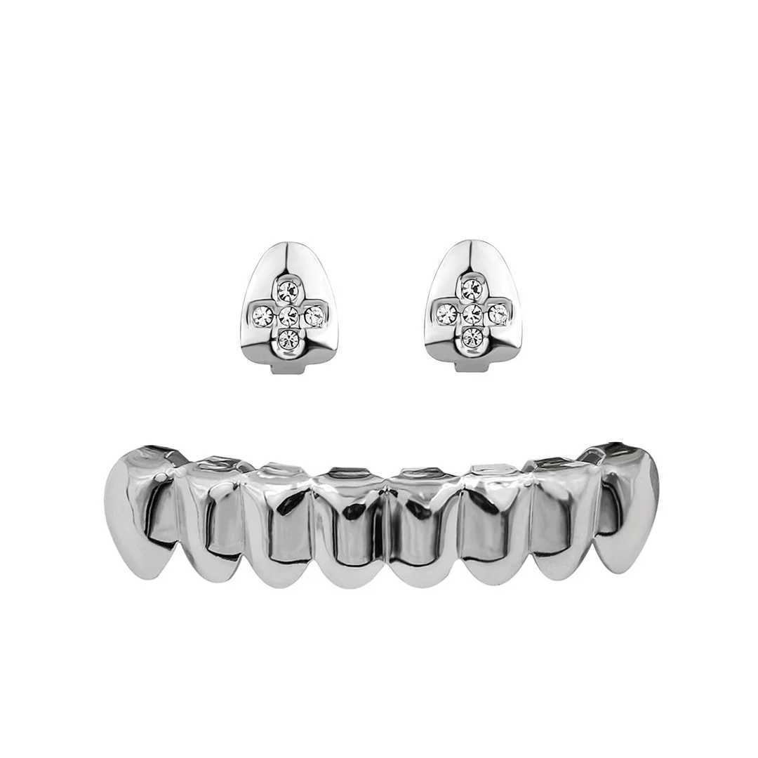 1set CZ Hip Hop Teeth Grillz Gold Plated Dental Grills Rock Tooth Grillz Caps Crystal Teeth Caps Halloween Vampire ToothXJ250114