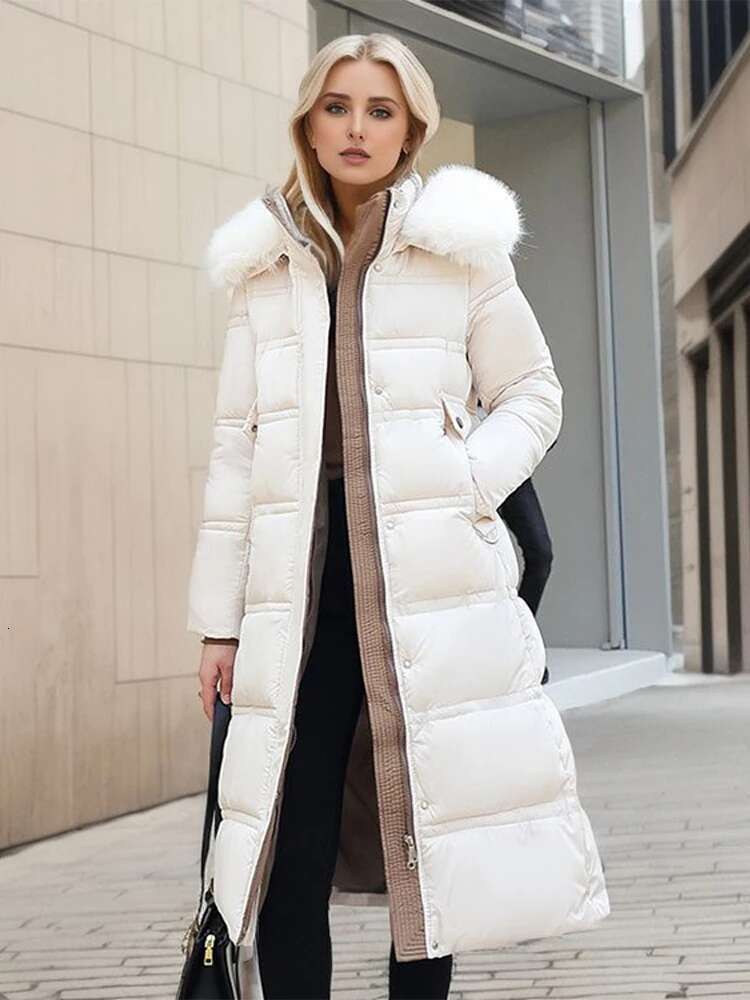Elegant Cotton Padded Down Coats Women Hooded Furs Collar With Belt Thicken Female Parkas 2024 Winter Fashion Lady Snow Wears