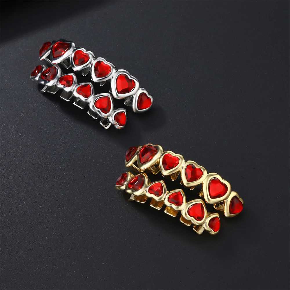 RACHELZ 6/6 Red Crystal Heart Tooth Caps For Women Men Jewelry Hip Hop Silver Color Green Zircon Teeth Grillz Dental GrillsXJ250114