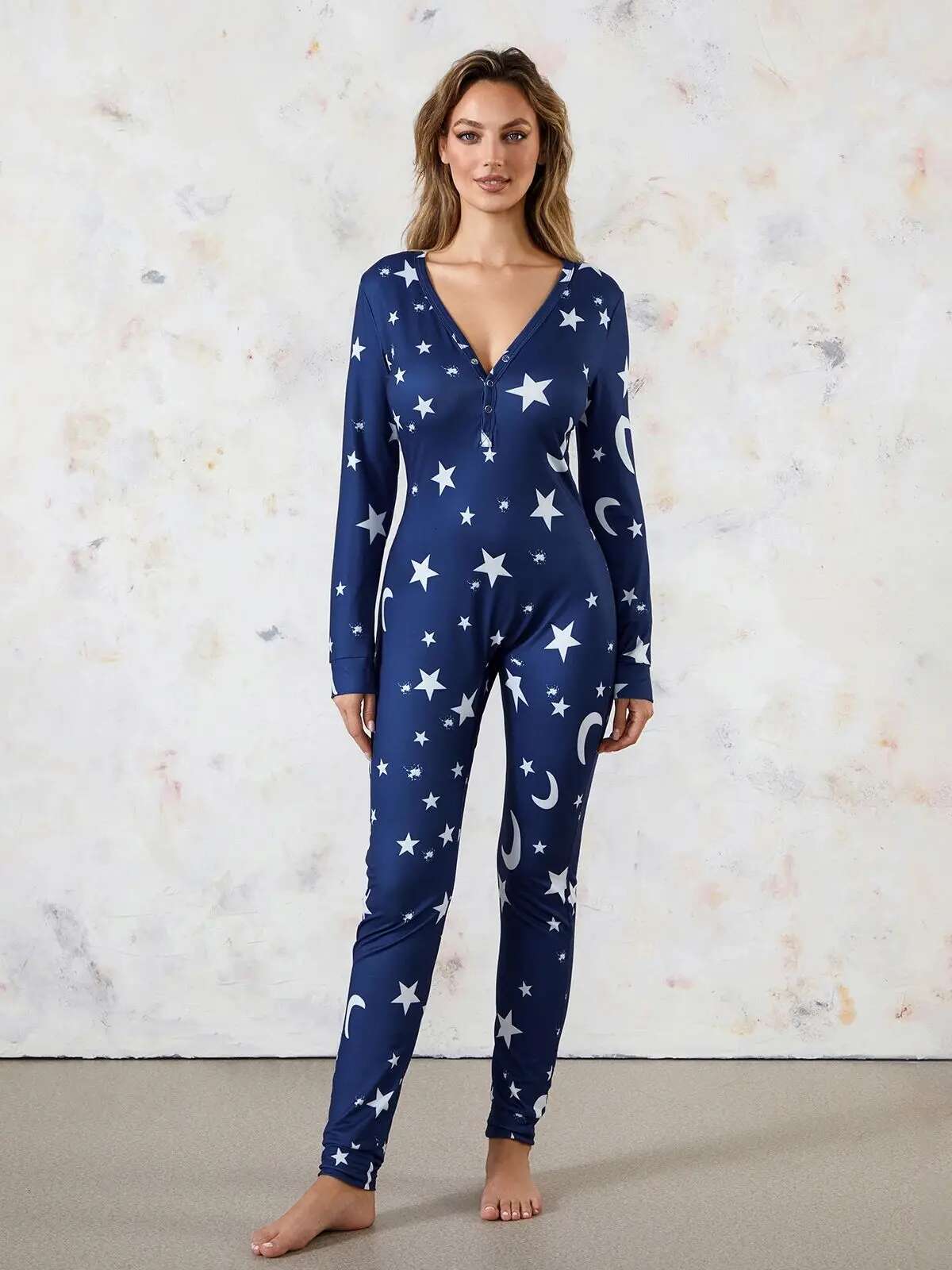 Women Buttoned Flap Jumpsuits Sleepwear Cow Printed Long Sleeve V Neck Bodycon Romper Spring Fall Loungewear