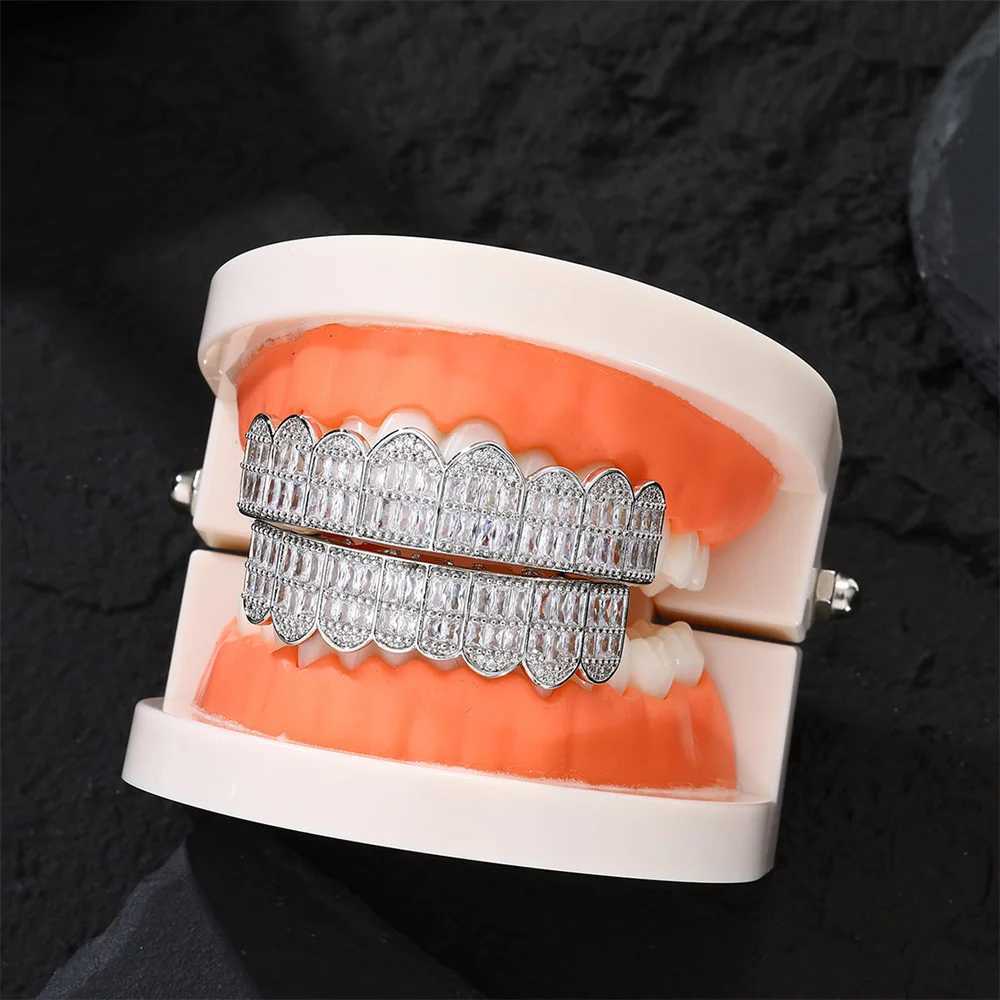 Hip Hop Baguette CZ Stones Teeth Grillz For Men Women Gold Plated Fashion Rapper Jewelry Punk Dentist Decor Teeth Jewelry XJ250114