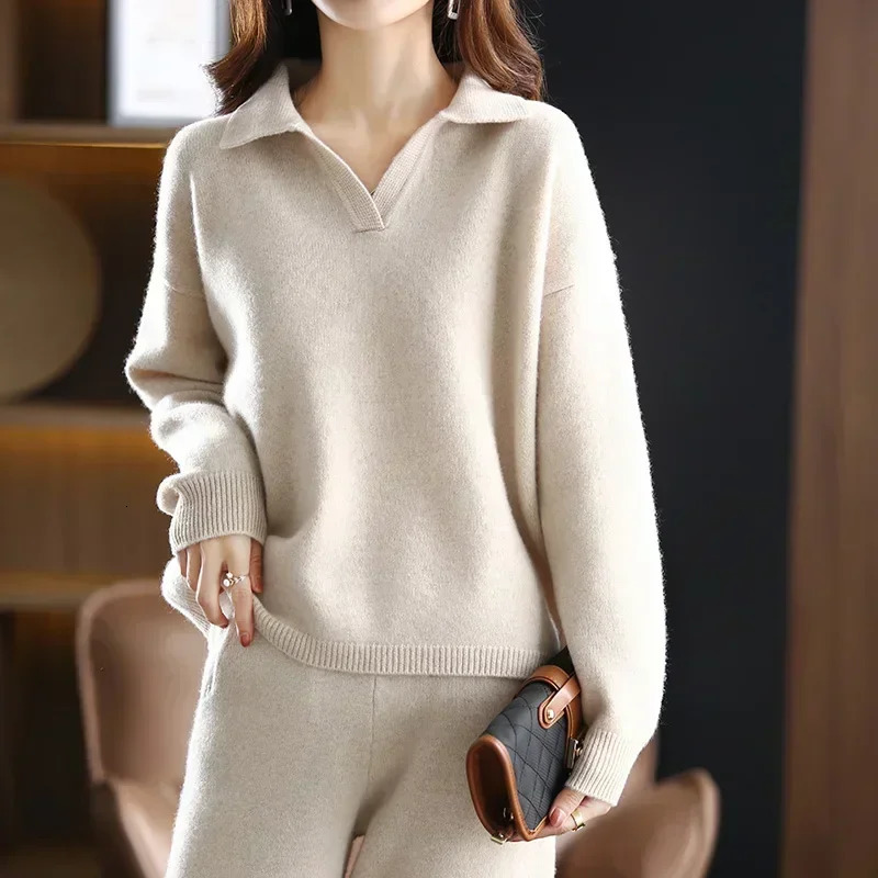 Winter Cashmere Suit Women Loose Lapel Sweater Temperament Casual Wide-leg Pants Knitted 100% Pure Wool Two-piece Suit 250113