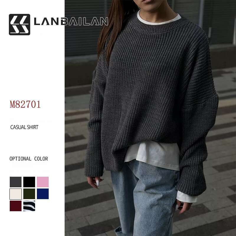 Solid color round neck 2025 European American Spring and Autumn loose knit pullover sweater feminine versatile new trend clothing ins