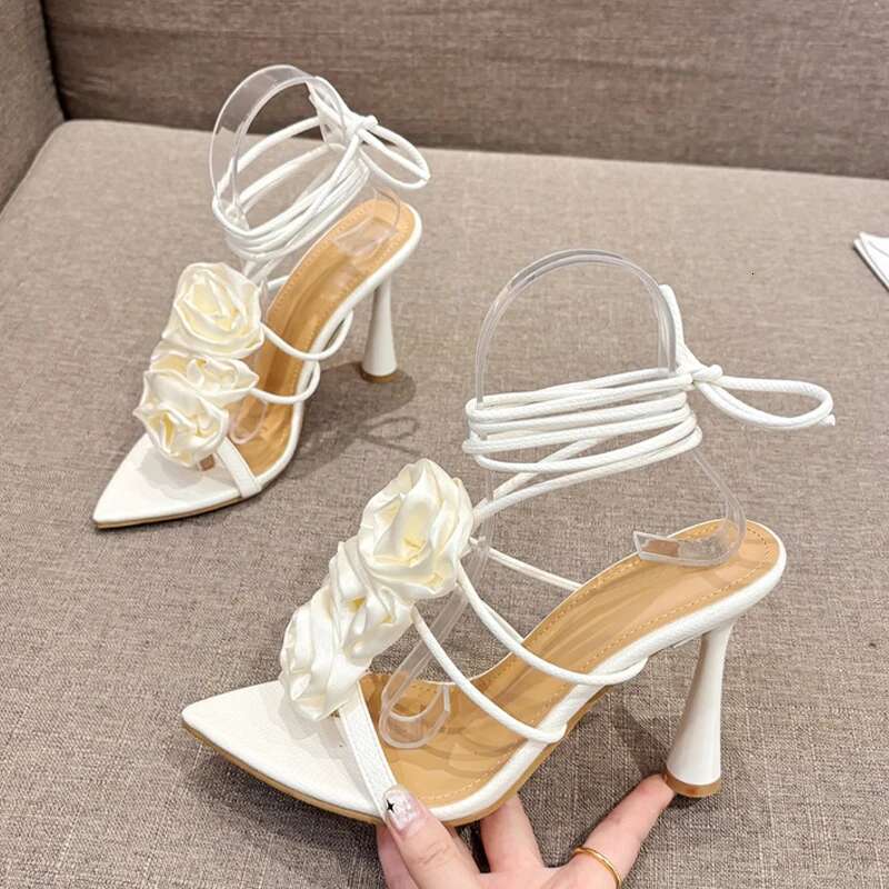 Liyke Size 35-41 Sexy Pointed Toe Lace Up High Heels White Sandals For Women Silk Rose Wers Summer Party Dress Shoes Pumps