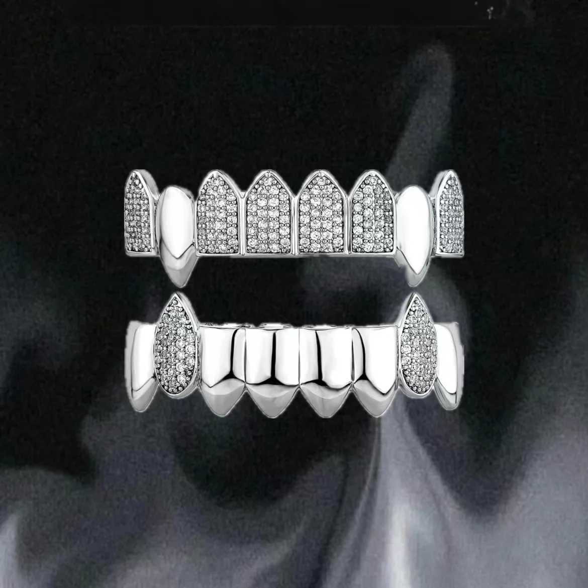YOUNGX Hip Hop 8/8 Glossy Zircon Fangs Tooth Grillz 14K Gold Plated CZ Stone Teeth Caps For Women Men Jewelry Halloween CosplayXJ250114