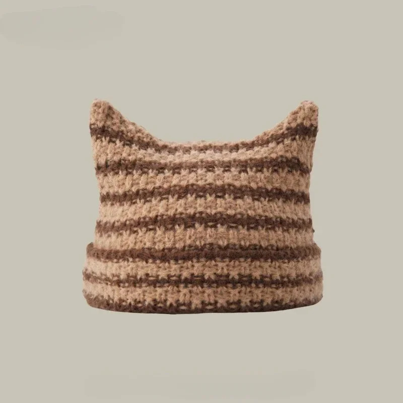 Japanese Streetwear Harajuku Beanie Little Devil Striped Knitted Hat Women Girls Autumn Winter Cute Cat Ears Cap 250118