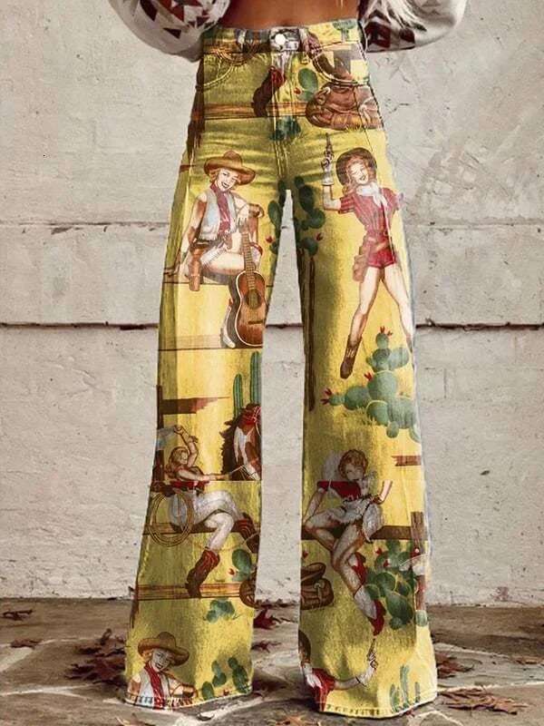 Fashion Button-Zip Women's Elegant High Waisted Bell Bottom Pant Vintage Ral Printed Versatile Casual Fly Pants
