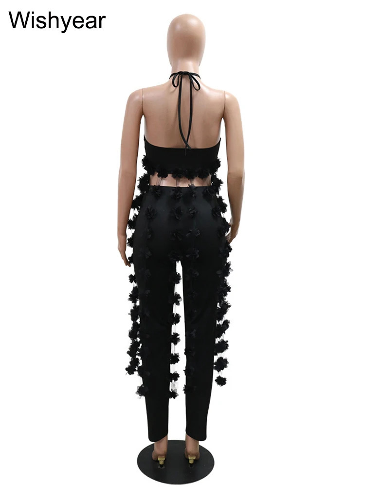 In Pencil Pants and Flower Tassel Halter Crop Top Two Pieces Women Birthday Outfits White Sexy Party Nightclub Matching Sets 250113