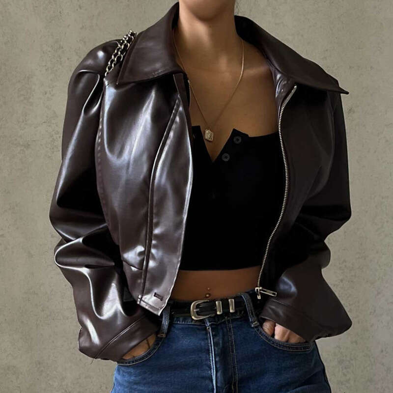 European and women's autumn retro temperament lapel zipper PU leather American jacket 2025 new item casual versatile fashion clothing