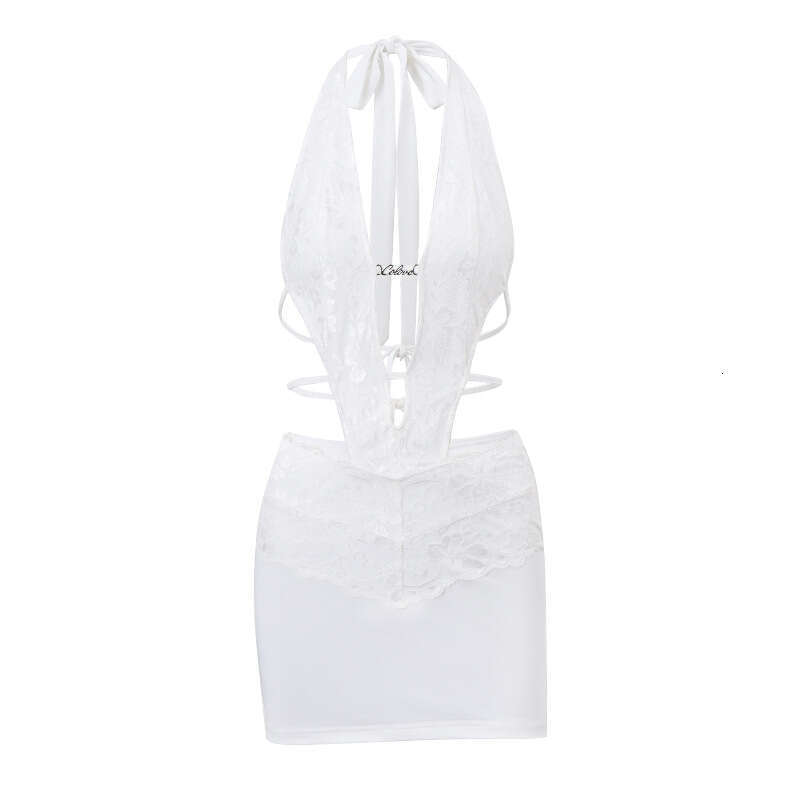 European American women's 2025 spring product fashionable and sexy spicy girl hollow neck hanging tie fake two-piece slim fit hip bag skirt tempe