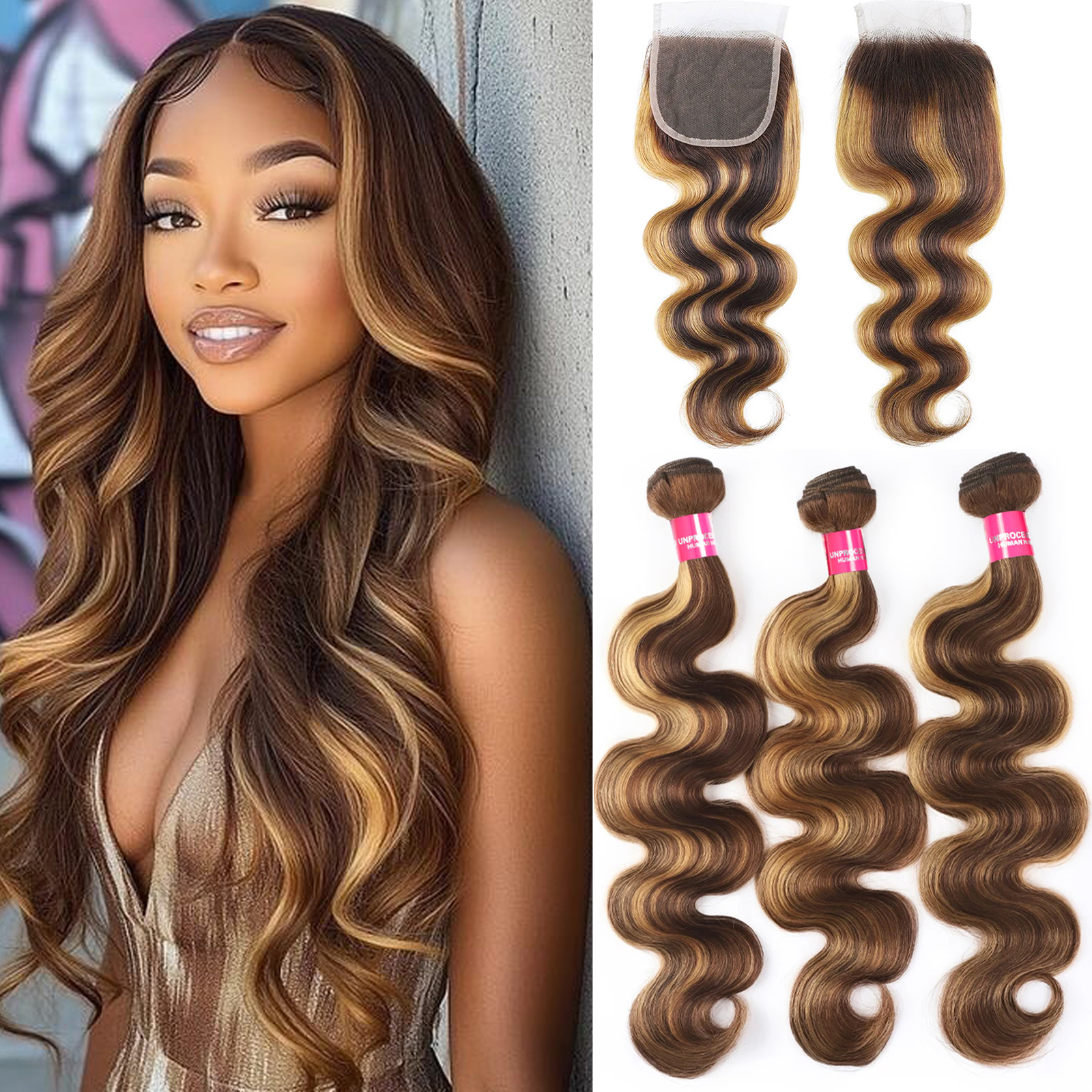 4/27 Highlight Body Wave Human Hair Bundles With Closure Unprocessed Honey Blonde Brazilian Body Wave Hair Bundles With lace Closure