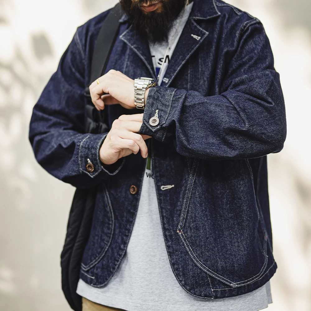 Maden Retro Washed Denim Cowboy Jacket Lapel Collar Singlerow Buttons Pockets Versatile Outerwear for Spring and Fall 250110