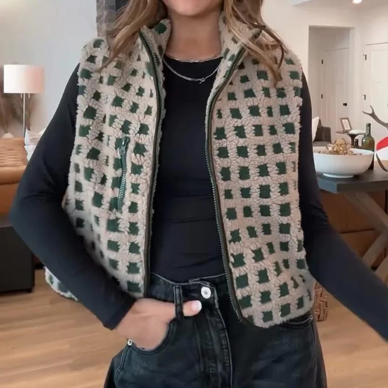 Women Sherpa Fleece Vest Checkered Sleeveless Zip Up Warm Cardigan Polar Fleece Tank Jacket with Chest Pocket Cardigan waistcoat 250113