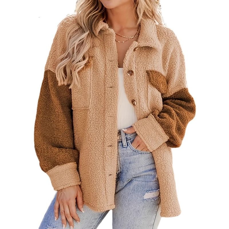 Women's Clothing Autumn And Winter Lamb Wool Coat Camel Contrast Color Style Fashionable Loose
