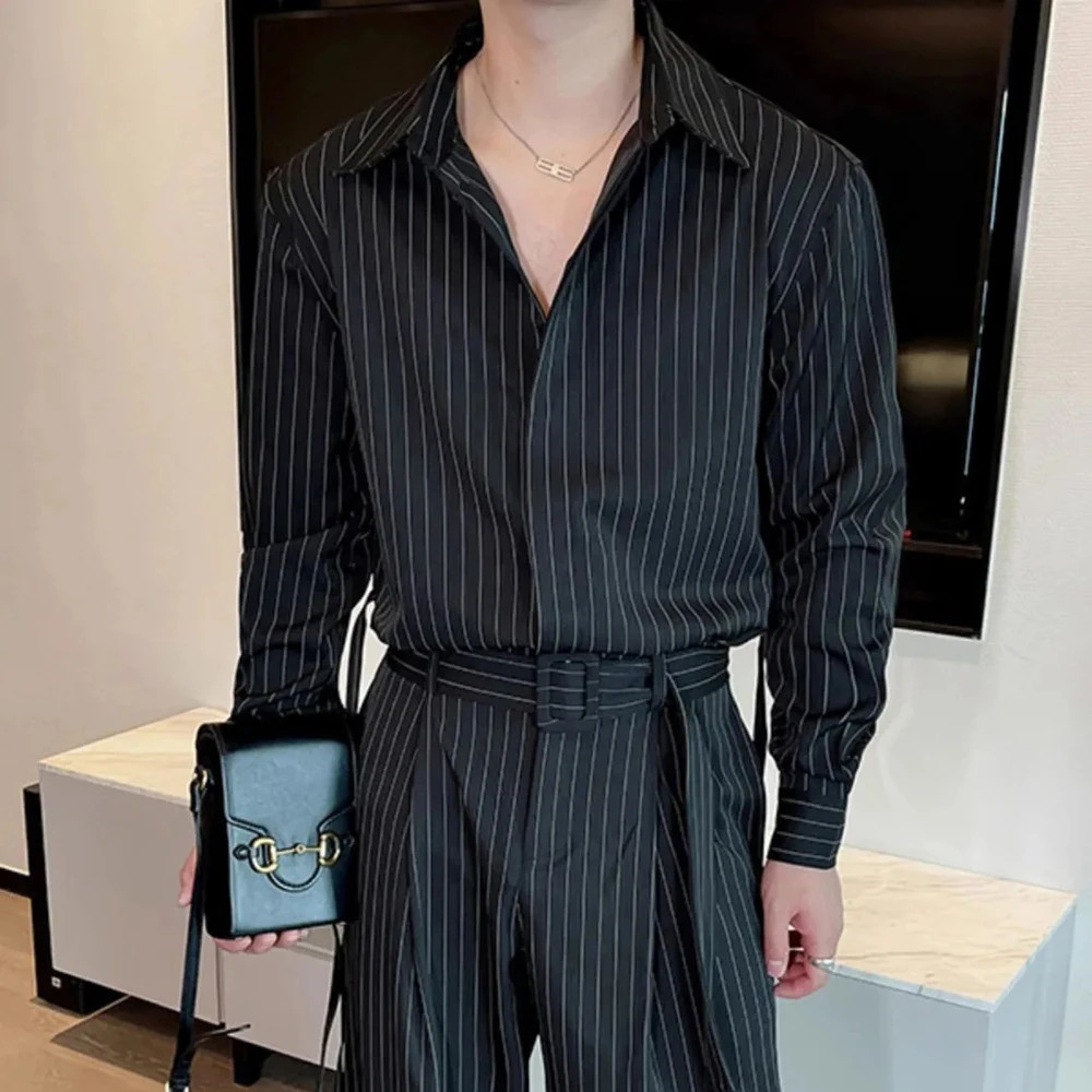 Mens Suit Vertical Stripes Long Sleeved Shirt Waist Belt Vintage Style Autumn Trend Fitting Straight Leg Pants Two-Piece Set 250109