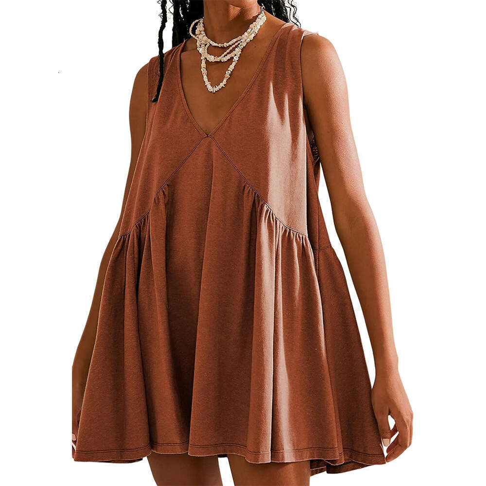 2025 Summer European and American Popular Folding Pocket V-neck Dress Women's New Casual Versatile Fashion Clothing