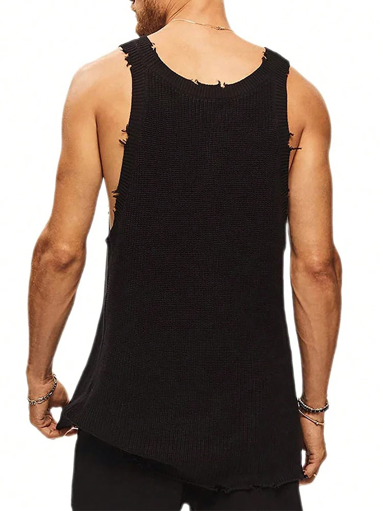 Hip Hop O Neck Straps Ripped Tank Tops Men Streetwear Fashion Solid Color Slim Vest Mens Summer Trendy Sleeveless Camisoles 250108