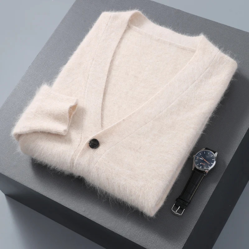 Autumn Winter Cardigan Mens V-Neck Top 100% Mink Cashmere Knitted Sweater Casual Loose Large Long Sleeved shirt Jacket 250113