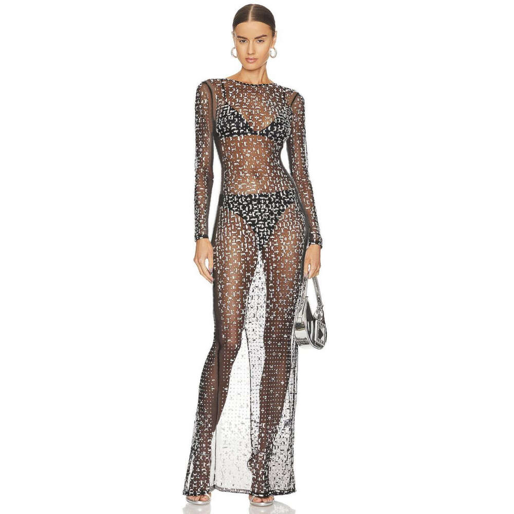 European and American Selg Fashionable Sexy Hot Dia Hoodie Mesh Long Sleeve Split Dress 2025 New Style Elegant Clothing