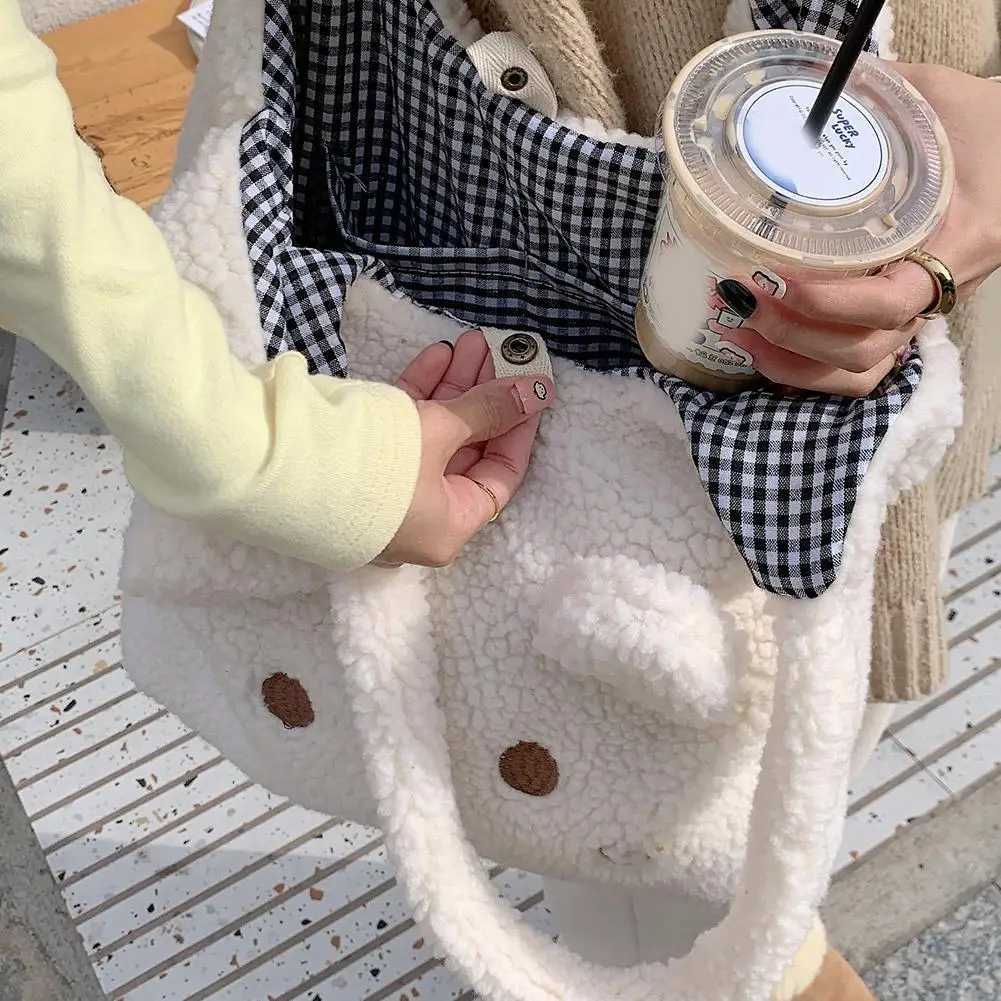 School Bag Cartoon Embroidery New Winter Soft Plush Tote Bag Shopper Bag Shoulder Bag For Women Cute T250118