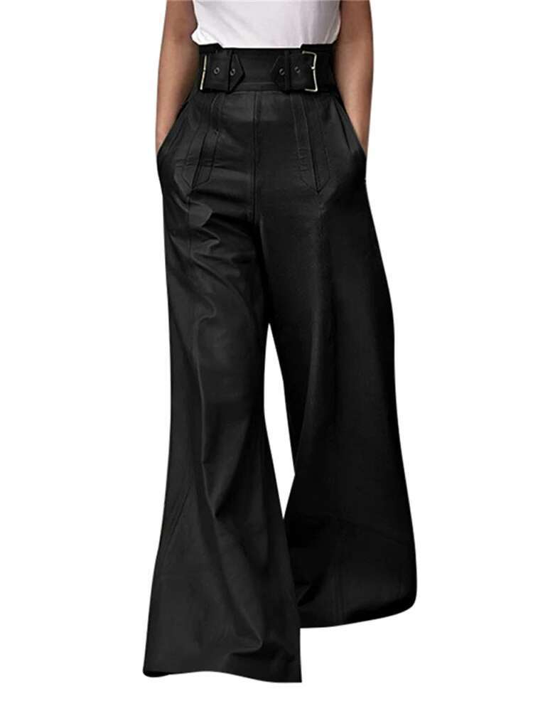 Street Leather Women Trousers High Waist With Belt Flared Or-Length PU Female Long Pants 2024 Autumn Fashion Y2k Lady Pant