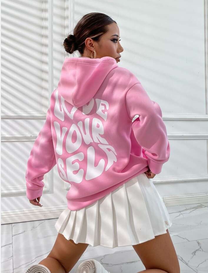 Women's fleece new back letter print hoodie with off shoulder sleeve thread