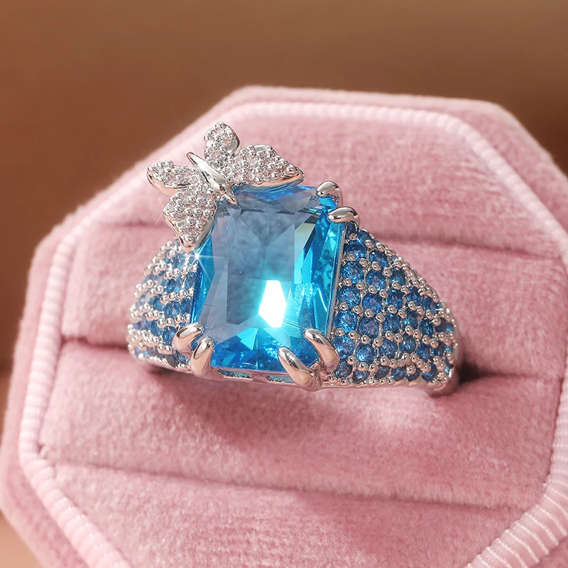 ious Blue Topaz BUTTERFLY Cocktail Ring Gemstone Antique Large Butterfly Inspired Womens Party Wear 250110