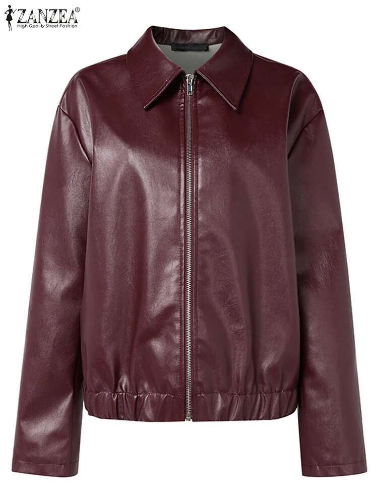 ZANZEA American Retro Women's PU Leather Jackets 2025 Trend Loose Casual Long Sleeve Zip-Up Coats Streetwear Solid Outerwear