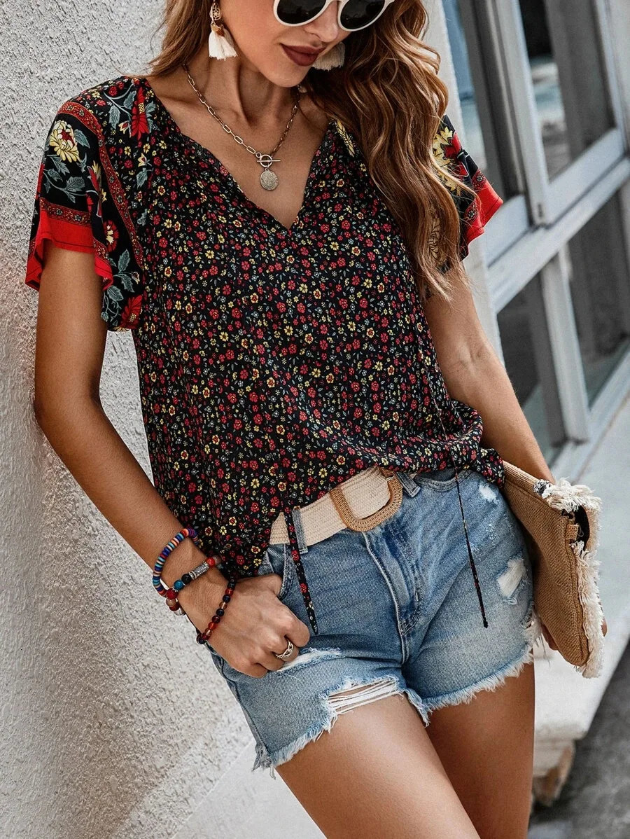 Summer Flower Printed Womens Fashion V-neck Short Sleeve Bohemian Beach Casual Top Womens Elegant Shirt Womens 250102