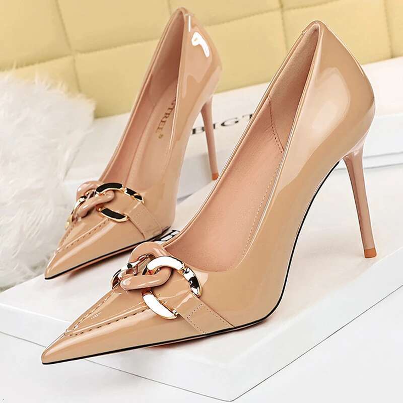 BIGTREE Metal Button Woman Pumps Patent Leather High Urious Sexy Party Shoes Stiletto Heels Ladies Large Size 43