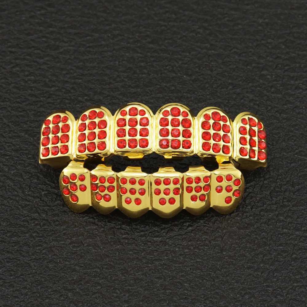 HIP HOP Red Color CZ Stones Teeth Grillz Caps Cubic Zircon Iced Out Micro Pave Top Bottom Charm Grills Set For Men Women JewelryXJ250114