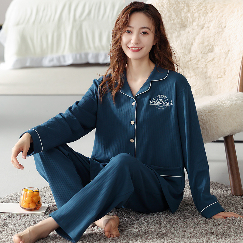 B665-Pure cotton pajamas women spring and autumn long-sleeved women's cardigan autumn and winter pure cotton confinement clothes plus size home c