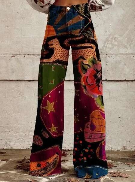 Fashion Button-Zip Women's Elegant High Waisted Bell Bottom Pant Vintage Ral Printed Versatile Casual Fly Pants