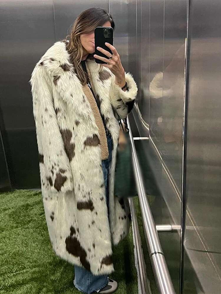 Vintage Thick Faux Fur Cow Pattern Coats Women Casual Loose Lapel Single-Breasted Long Coat Lady Winter Elegant Street Outwear