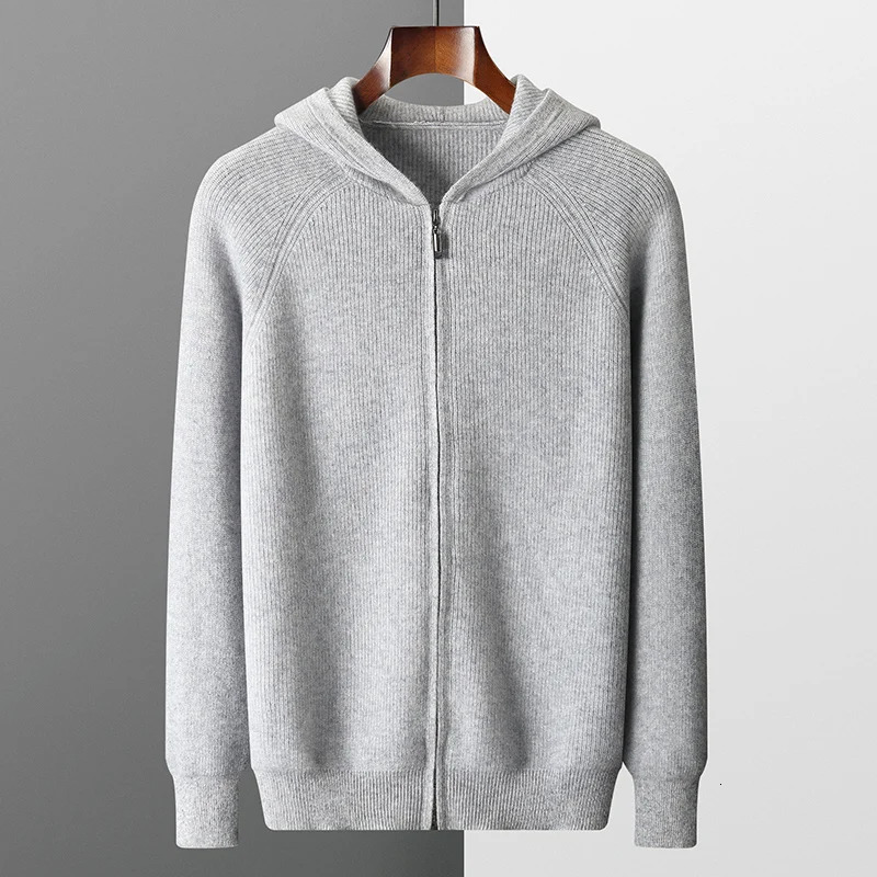 Mens Hooded Cardigan Autumn and Winter Thickened Knit Large-size Jacket 100% Merino Wool Casual Long Sleeved Sportswear Coat 250113